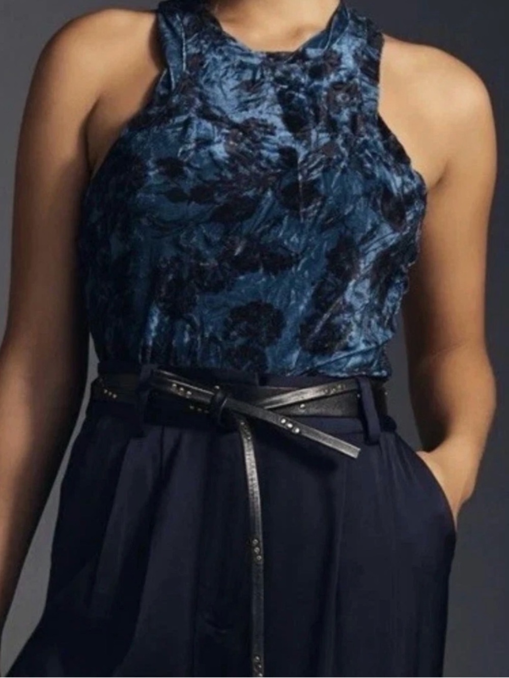 Anthropologie Pilcro Blue Floral Crushed Velvet Racerback Tank Top Short Women M